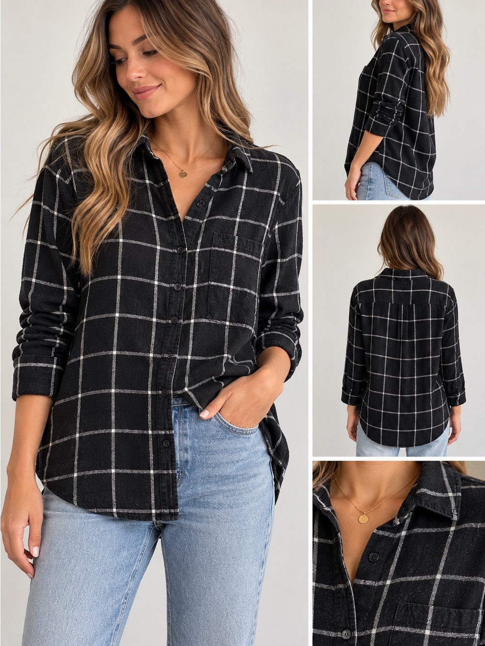 Banana Republic Boyfriend Fit Plaid Shirt Women’s M Black White 100% Rayon
